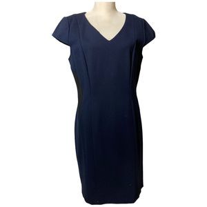 Antonio Melani Sheath Dress Womens 14 Navy/Black Cap Sleeve Stretch V Neck